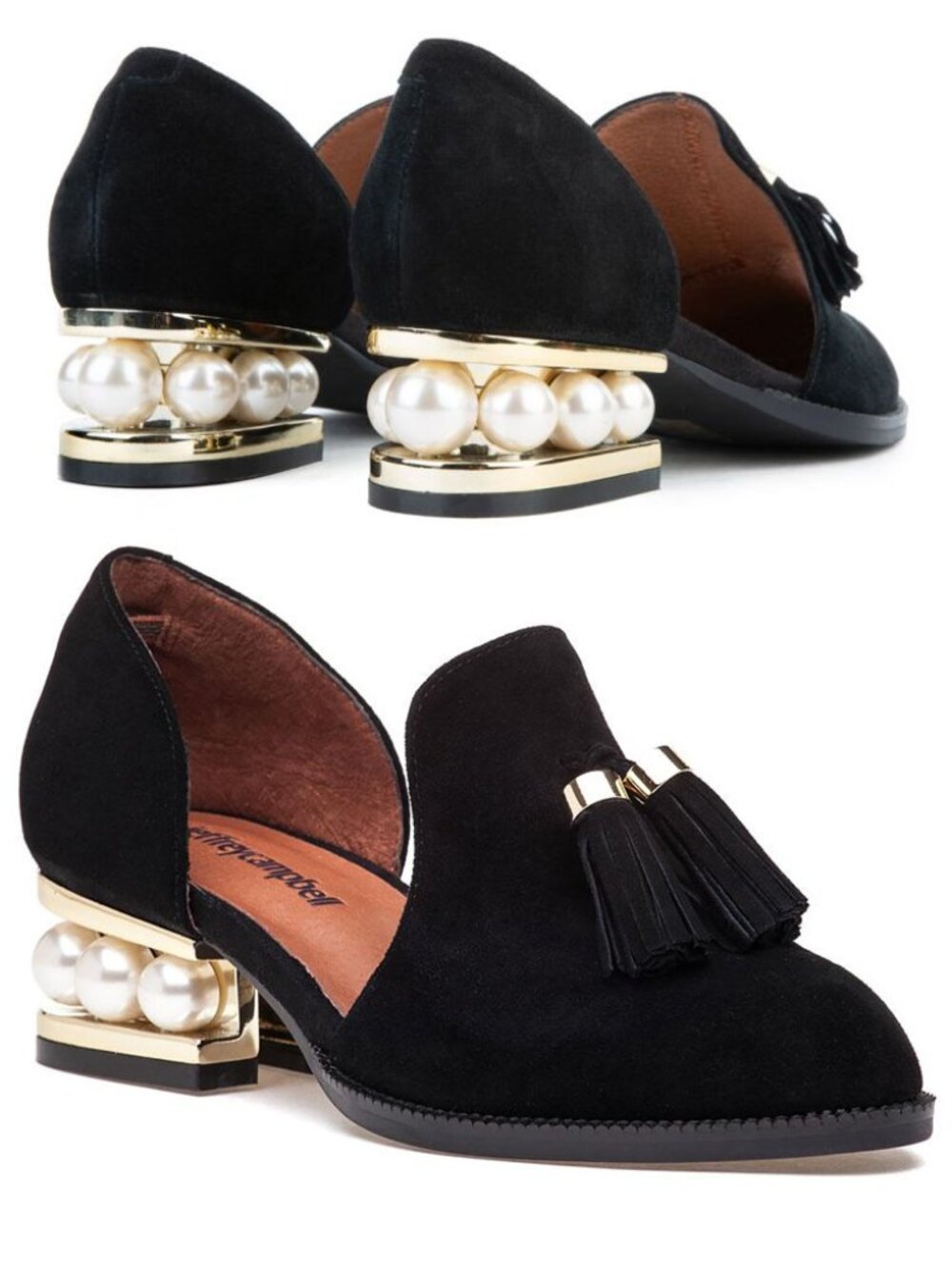 Jeffrey Campbell Black Suede Civil Pearl Heeled Beaded Tassel Loafers Shoes 6.5